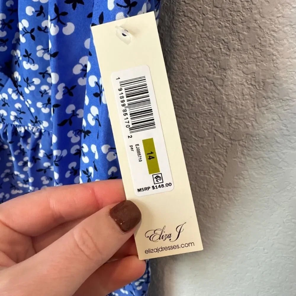 NWT Eliza J Blue Floral V-Neck Ruffle Skirt Mini Dress - Size 14